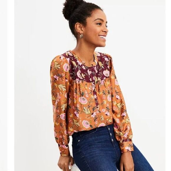 LOFT Blouse | Mixed Print Henley Blouse | Small S | Office Casual | Amber - Picture 6 of 12